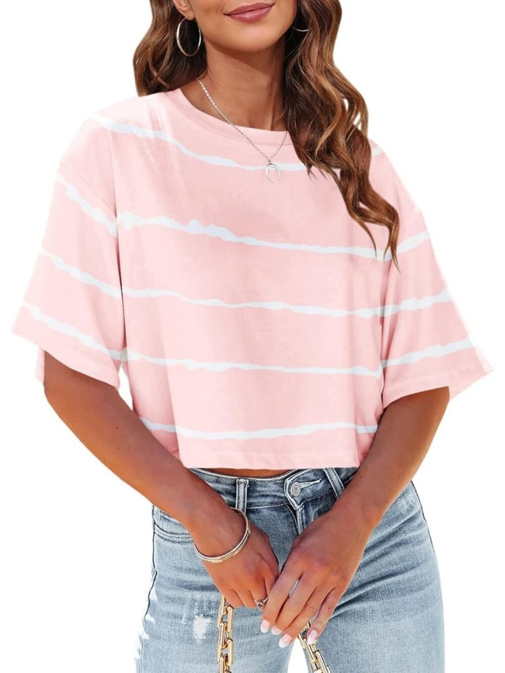 Women's Pink Crew Neck Half Sleeves Loose Fit Casual Pull On Basic Tees Shirts